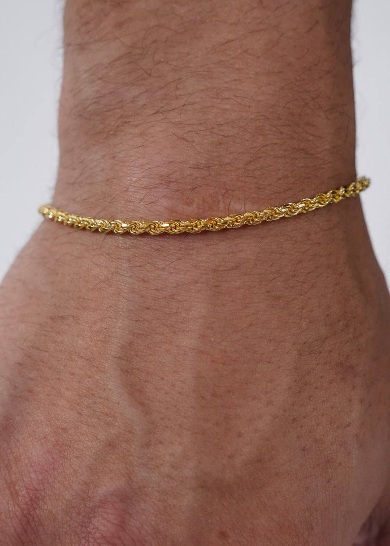 925 Sterling Silver - Gold 3mm Diamond Cut Rope Bracelet