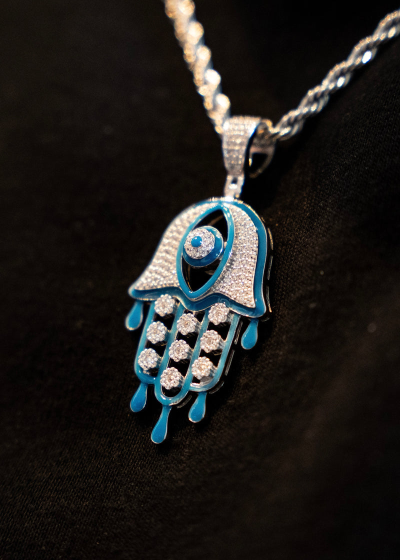 925 Sterling Silver - Dripping Blue Hamsa Hand Pendant