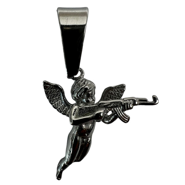 Silver Angel With AK47 Gun Pendant