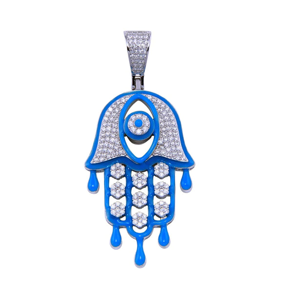 925 Sterling Silver - Dripping Blue Hamsa Hand Pendant