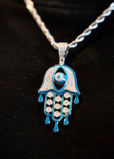 925 Sterling Silver - Dripping Blue Hamsa Hand Pendant