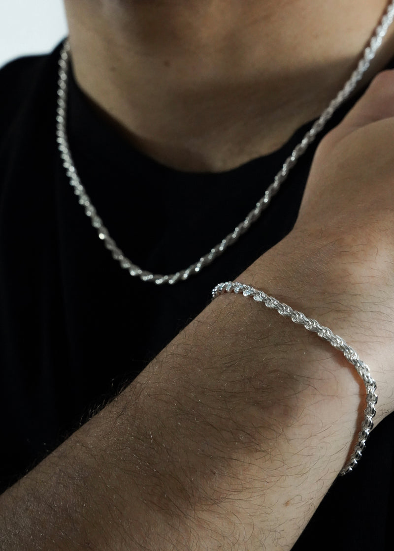 925 Sterling Silver - 3mm Diamond Cut Rope Bracelet