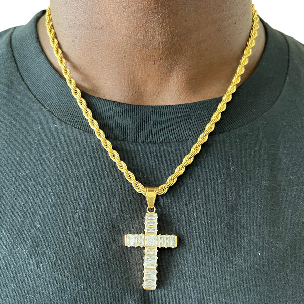 Gold Baguette Diamond cross Pendant