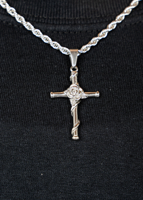 Silver Rose Cross Pendant