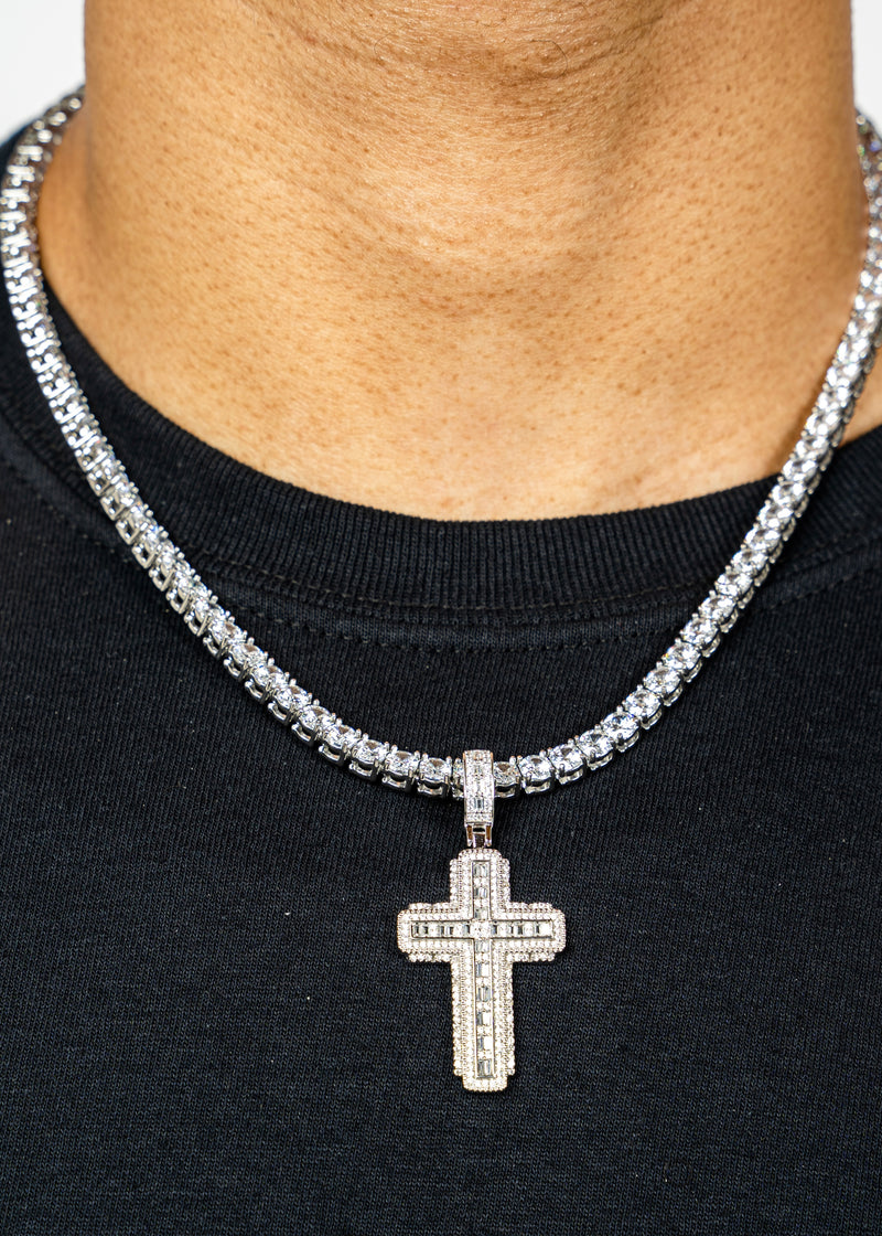 925 Sterling Silver - Baguette & Round Diamond Cross Pendant