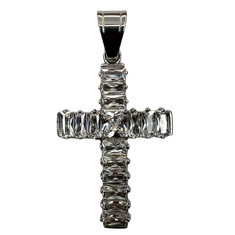 Silver Baguette Diamond Cross Pendant