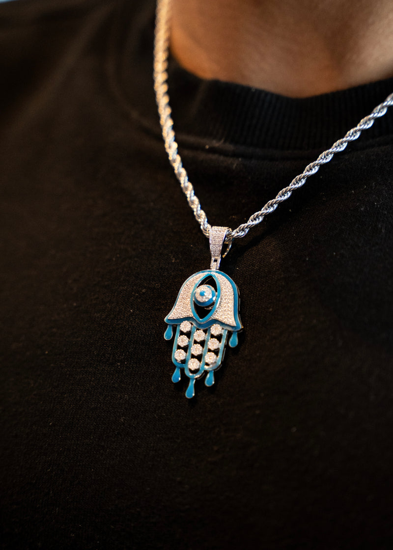 925 Sterling Silver - Dripping Blue Hamsa Hand Pendant