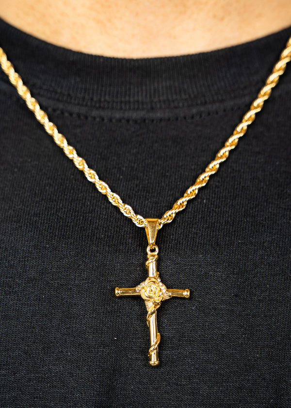 Gold Rose Cross Pendant