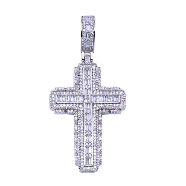 925 Sterling Silver - Baguette & Round Diamond Cross Pendant