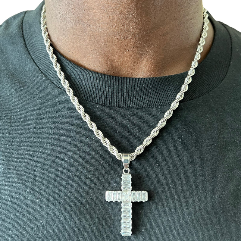 Silver Baguette Diamond Cross Pendant